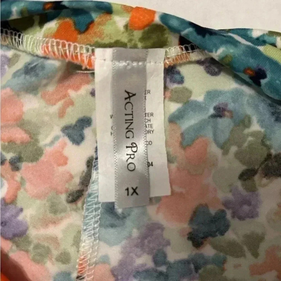 Acting Pro Women's Tie Dyed Colorful Floral Ruched Sleeve Top Sz 1X Soft Stretch - Picture 6 of 9